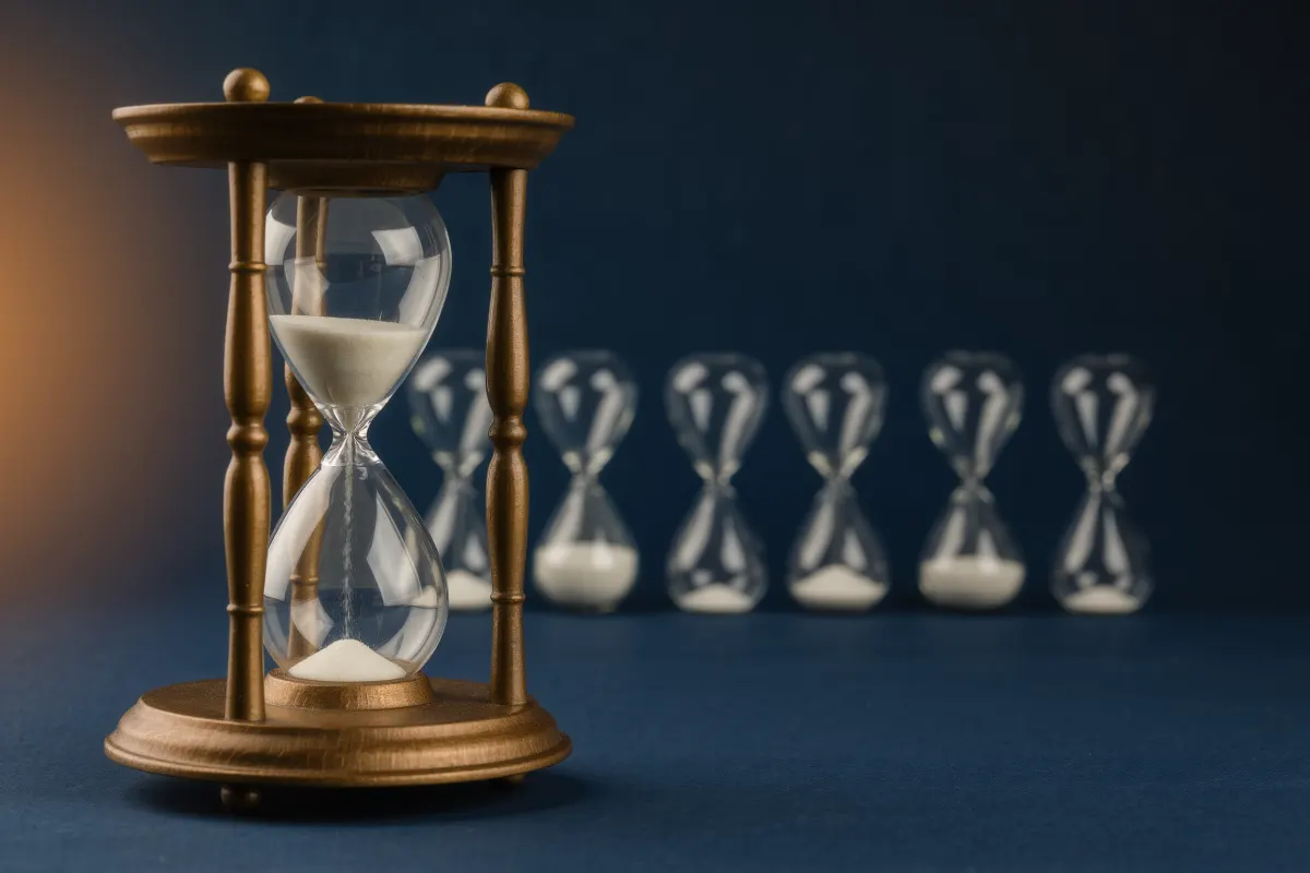 Brass hourglass with sand stopped midway and a queue of hourglasses behind it